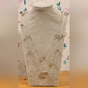Vintage Crystal Bead Sparkly Elegant Long 2 Strand Silver Tone Jewelery Necklace